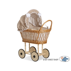 Doll pram Natural Wicker and Wood Bedding Set White Dots on Brown