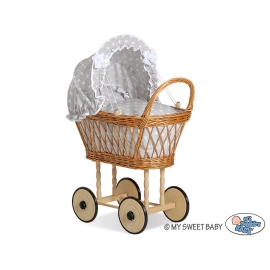 Doll pram Natural Wicker and Wood Bedding Set White Dots on Gray