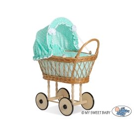 Doll pram Natural Wicker and Wood Bedding Set White Dots on Mint