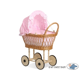 Doll pram Natural Wicker and Wood Bedding Set White Dots on Pink