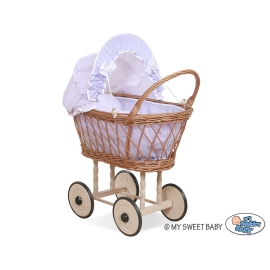 Doll pram Natural Wicker and Wood Lilac check Bedding