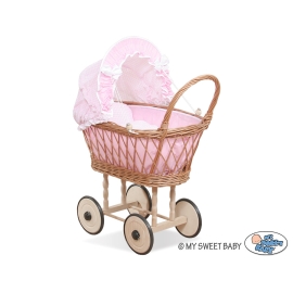 Doll pram Natural Wicker and Wood Pink check Bedding