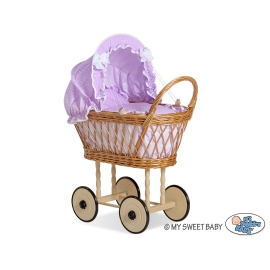 Doll pram Natural Wicker and Wood Purple with White Dots Dolls Bedding