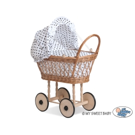 Doll pram Natural Wicker and Wood White with Black Dots Bedding Set