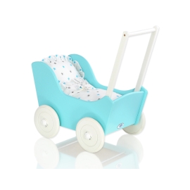 Doll pram Turquoise with White Bedding Set White with Blue and Gray Stars