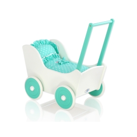 Doll pram Wood White with Mint Bedding Set White Dots on Mint