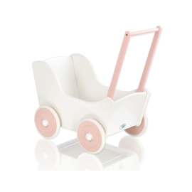 Doll pram Wooden Stroller White with Powder Rosa
