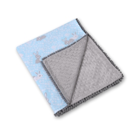Double-sided baby blanket minky with pompoms - blue rabbits