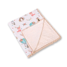 Double-sided baby blanket minky with pompoms - foxes beige