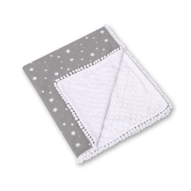 Double-sided baby blanket minky with pompoms - mini stars white