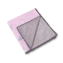 Double-sided baby blanket minky with pompoms - pink rabbits