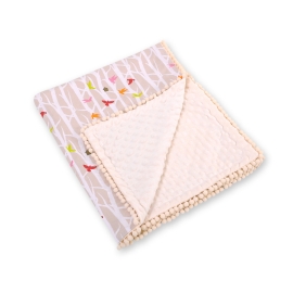 Double-sided baby blanket minky with pompons - beige tree