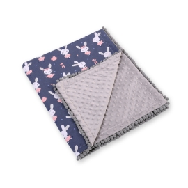 Double-sided baby blanket minky with pompons - blue rabbits
