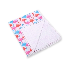 Double-sided baby blanket minky with pompons - flamingo