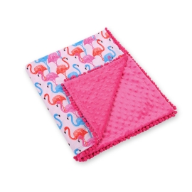 Double-sided baby blanket minky with pompons - flamingo