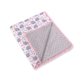 Double-sided baby blanket minky with pompons - hedgehogs Gray