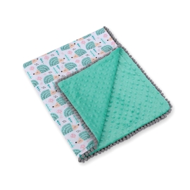Double-sided baby blanket minky with pompons - hedgehogs mint