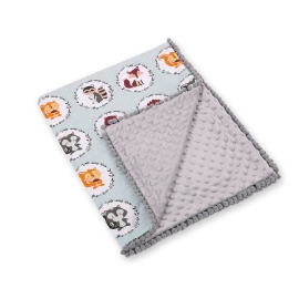 Double-sided baby blanket minky with pompons - mint animals
