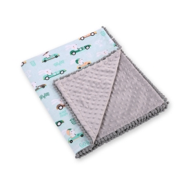 Double-sided baby blanket minky with pompons -mint rabbits
