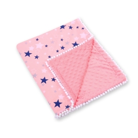 Double-sided baby blanket minky with pompons - pink-navy blue stars