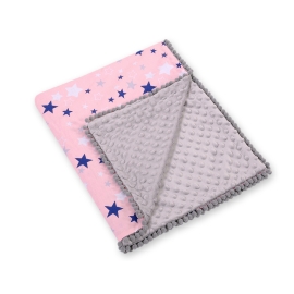 Double-sided baby blanket minky with pompons - pink-navy blue stars