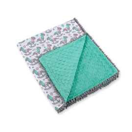 Double-sided baby blanket minky with pompons - rocking horses