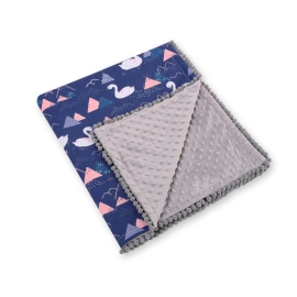 Double-sided baby blanket minky with pompons - Swans navy blue