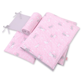 Double-sided bedding set 3-pcs - pink rabbits/gray