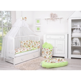 Double-sided bedding set 5-pcs with mosquito-net - sloths beige/green