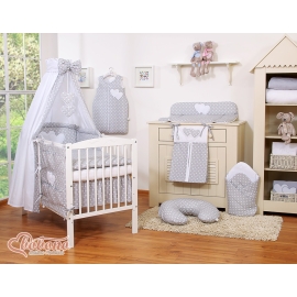 Gray Bedding set 11-pcs with canopy- Hanging Hearts white dots on Gray