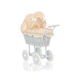 Gray Wicker Doll Pram Carriage Bedding Set in Beige with White Dots