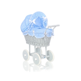 Gray Wicker Doll Pram Carriage Bedding Set White Dots on Blue