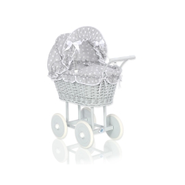 Gray Wicker Doll Pram Carriage Bedding Set White Dots on Gray