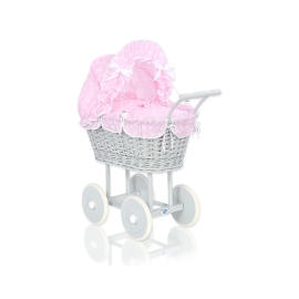 Gray Wicker Doll Pram Carriage Bedding Set White Dots on Pink