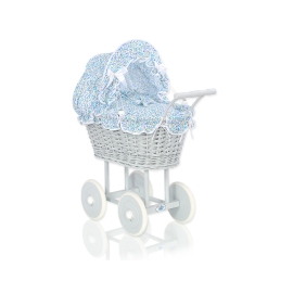 Gray Wicker Doll Pram Carriage Blue Flowers Bedding Set