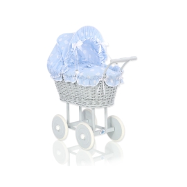 Gray Wicker Doll Pram Carriage Blue with Big White Dots