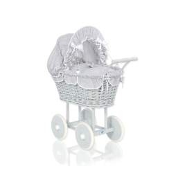 Gray Wicker Doll Pram Carriage Gray with White Dots Bedding Set