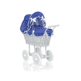 Gray Wicker Doll Pram Carriage Navy Blue Bedding with White Dots