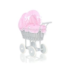 Gray Wicker Doll Pram Carriage Pink checkered Bedding