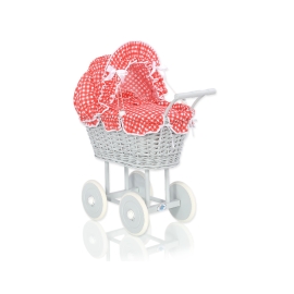 Gray Wicker Doll Pram Carriage Red Check Bedding