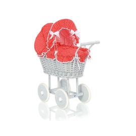 Gray Wicker Doll Pram Carriage Red with White Dots