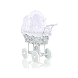 Gray Wicker Doll Pram Carriage White Bedding Set
