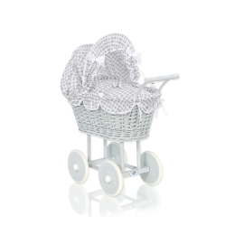 Gray Wicker Doll Pram Carriage White Gray Checkered