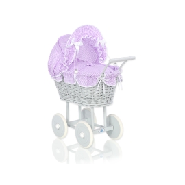 Gray Wicker Doll Pram Carriage White-Lilac Checkered Bedding Set