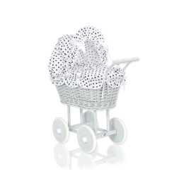 Gray Wicker Doll Pram Carriage White with Black Dots Bedding Set