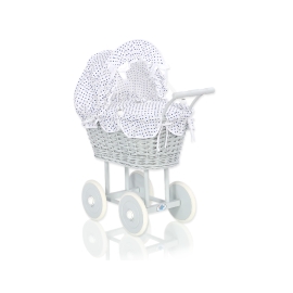 Gray Wicker Doll Pram Carriage White with Navy Blue Dots Bedding Set
