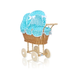 Handmade Doll Pram Carriage Natural Wicker and Wood Turquoise with White Dots Bedding Set