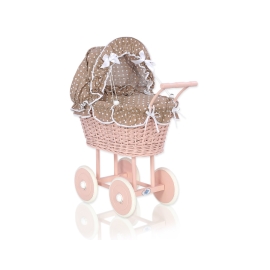 Handmade Doll Pram made of Powder Pink Wicker and Wood Bedding Set White Dots on Brown