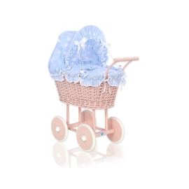 Handmade Doll Pram made of Powder Pink Wicker and Wood Blue with Big White Dots