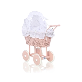Handmade Doll Pram made of Powder Pink Wicker and Wood White Bedding Set